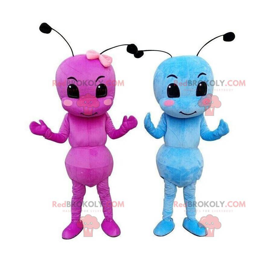 Mascotes de formigas, um rosa e um azul, fantasias de inseto -