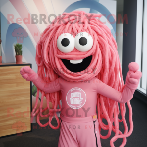 Pink Spaghetti mascot costume character dressed with a T-Shirt and Lapel pins