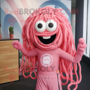 Pink Spaghetti mascot costume character dressed with a T-Shirt and Lapel pins
