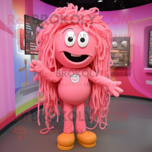 Pink Spaghetti mascot costume character dressed with a T-Shirt and Lapel pins