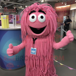 Pink Spaghetti mascot costume character dressed with a T-Shirt and Lapel pins