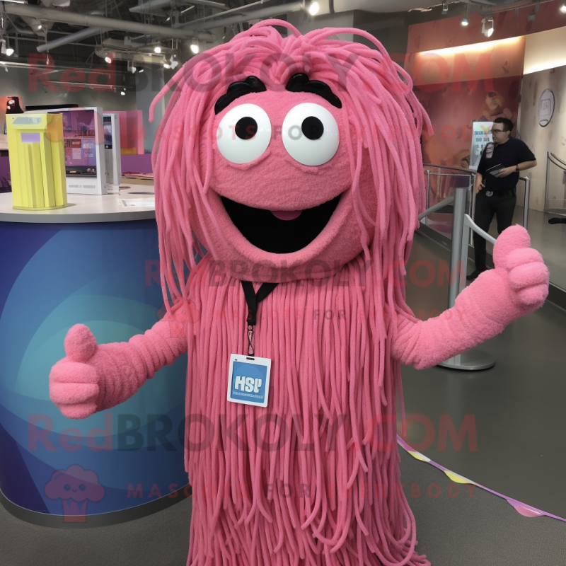 Pink Spaghetti mascot costume character dressed with a T-Shirt and Lapel pins Pink Spaghetti mascot costume character dressed with a T-Shirt and Lapel pins