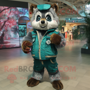 Teal Raccoon mascot costume character dressed with a Vest and Gloves