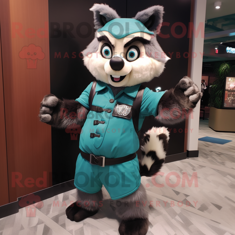 Teal Raccoon mascot costume character dressed with a Vest and Gloves