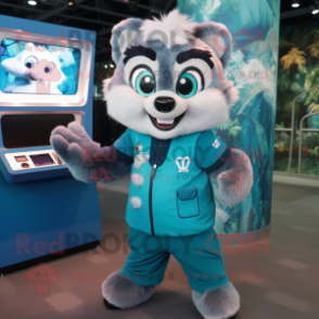 Teal Raccoon mascot costume character dressed with a Vest and Gloves