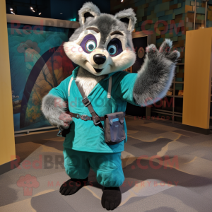Teal Raccoon mascot costume character dressed with a Vest and Gloves