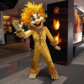 Gold Fire Eater mascot costume character dressed with a Suit Pants and Hair clips