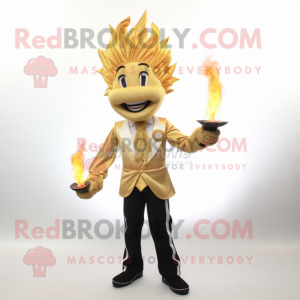 Gold Fire Eater mascot costume character dressed with a Suit Pants and Hair clips