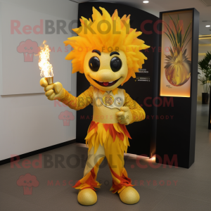 Gold Fire Eater mascot costume character dressed with a Suit Pants and Hair clips