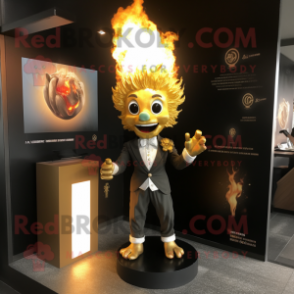 Gold Fire Eater mascot costume character dressed with a Suit Pants and Hair clips