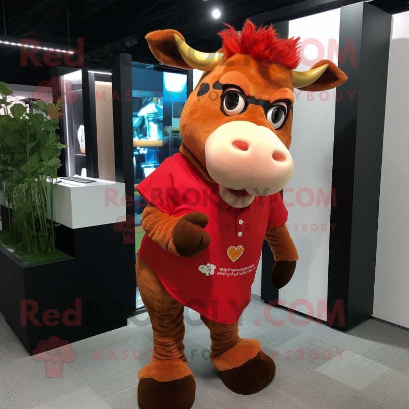 Red Jersey Cow mascot costume character dressed with a Shorts and Wallets Red Jersey Cow mascot costume character dressed with a Shorts and Wallets