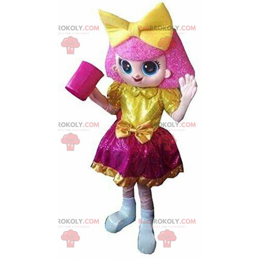 Pink girl mascot, colorful girl costume, pink child -