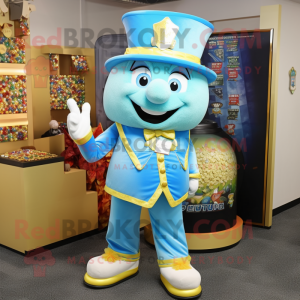Sky Blue Pot Of Gold mascot costume character dressed with a Shorts and Lapel pins