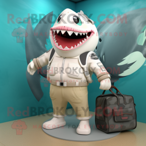 Cream Megalodon mascot costume character dressed with a Rash Guard and Handbags