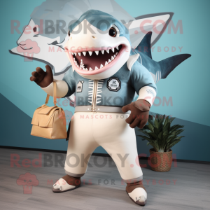 Cream Megalodon mascot costume character dressed with a Rash Guard and Handbags
