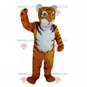 Oranje, witte en zwarte tijger mascotte, katachtig kostuum -