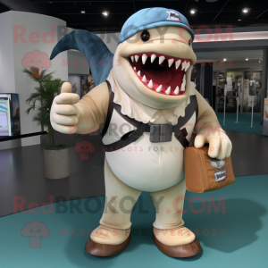 Cream Megalodon mascot costume character dressed with a Rash Guard and Handbags