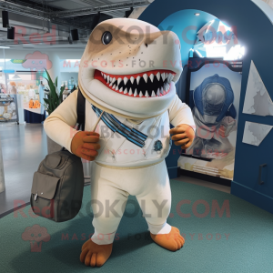 Cream Megalodon mascot costume character dressed with a Rash Guard and Handbags