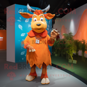 Orange Zebu mascot costume character dressed with a Cover-up and Hairpins