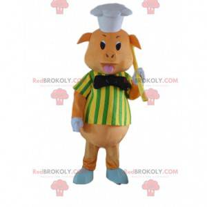 Mascote porco vestido de chef, fantasia de porco -