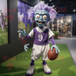 Lavender Zombie mascot costume character dressed with a Rugby Shirt and Shoe clips