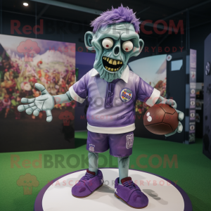 Lavender Zombie mascot costume character dressed with a Rugby Shirt and Shoe clips