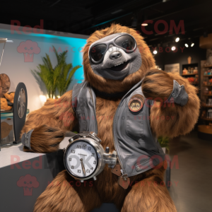 nan Sloth mascot costume character dressed with a Moto Jacket and Bracelet watches