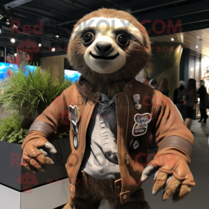 nan Sloth mascot costume character dressed with a Moto Jacket and Bracelet watches