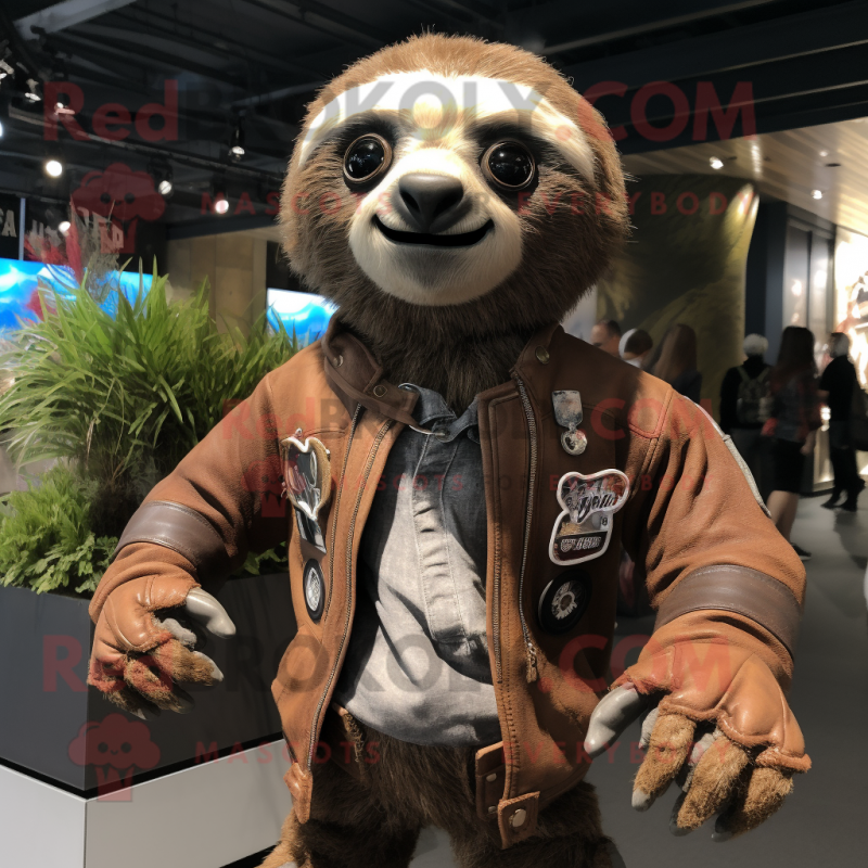 nan Sloth mascot costume character dressed with a Moto Jacket and Bracelet watches nan Sloth mascot costume character dressed with a Moto Jacket and Bracelet watches