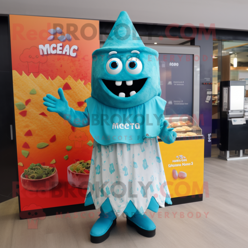 Cyan Nachos mascot costume character dressed with a Maxi Dress and Gloves Cyan Nachos mascot costume character dressed with a Maxi Dress and Gloves