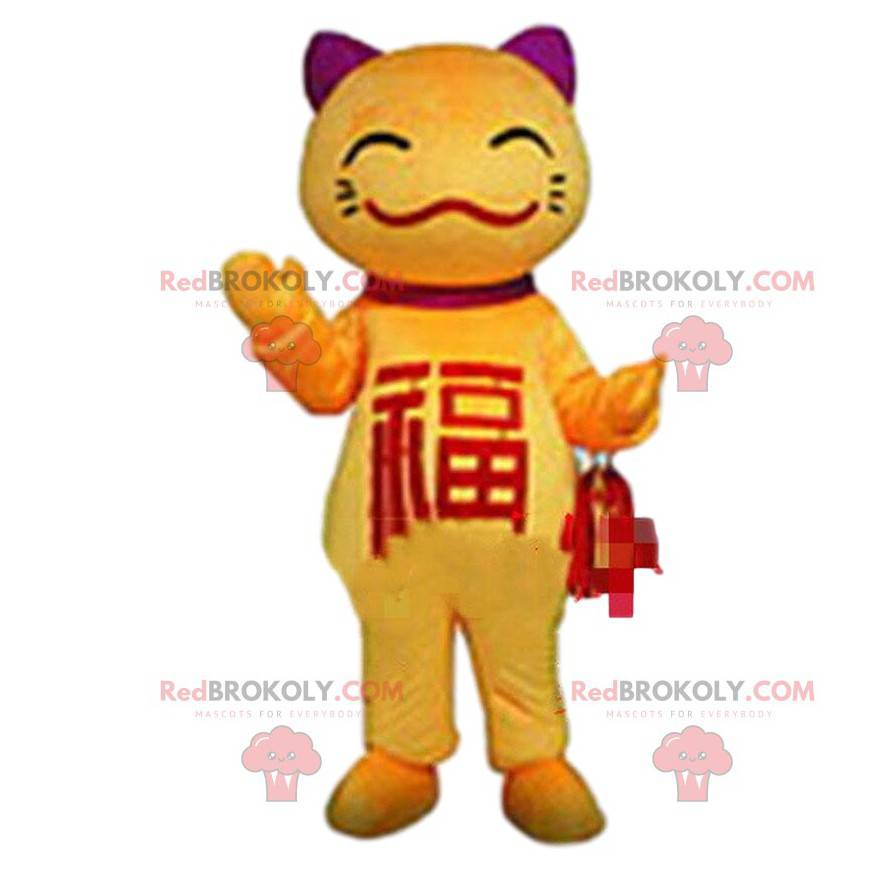 Maskot žluté kočky, kostým asijské kočky, asijský kostým -