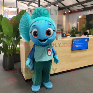 Cyan Betta Fish mascot costume character dressed with a Overalls and Coin purses