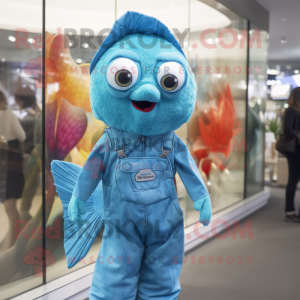 Cyan Betta Fish mascot costume character dressed with a Overalls and Coin purses