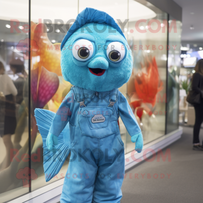 Cyan Betta Fish mascot costume character dressed with a Overalls and Coin purses Cyan Betta Fish mascot costume character dressed with a Overalls and Coin purses