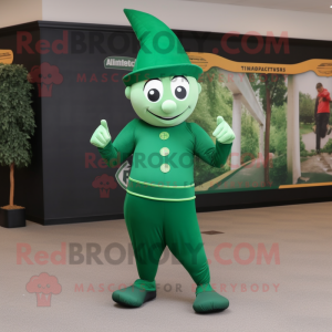 Forest Green Acrobat mascot costume character dressed with a Empire Waist Dress and Caps