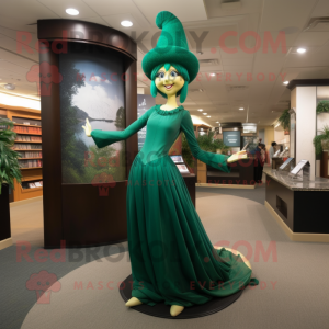 Forest Green Acrobat mascot costume character dressed with a Empire Waist Dress and Caps