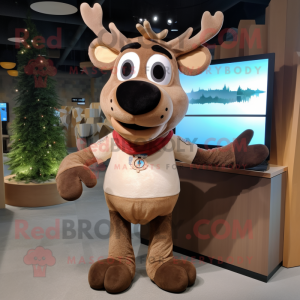 Brown Reindeer mascot costume character dressed with a T-Shirt and Wraps