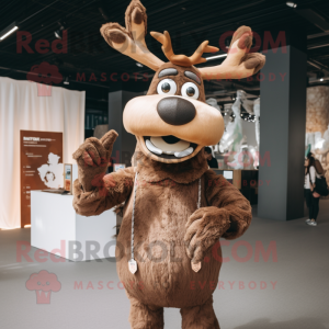 Brown Reindeer mascot costume character dressed with a T-Shirt and Wraps