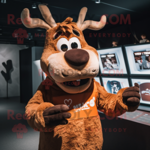 Brown Reindeer mascot costume character dressed with a T-Shirt and Wraps