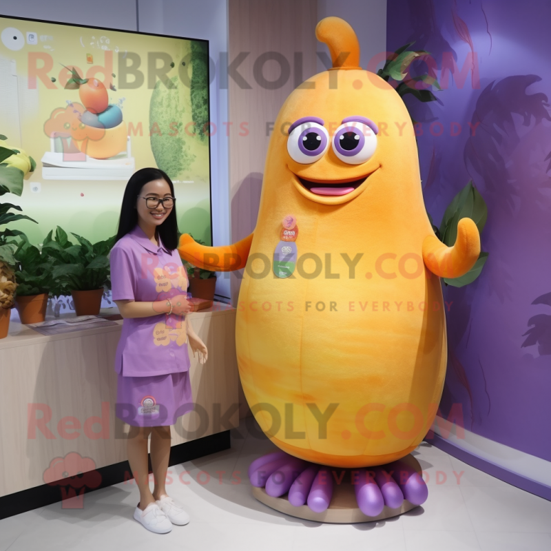 Lavender Mango mascot costume character dressed with a Pencil Skirt and Watches Lavender Mango mascot costume character dressed with a Pencil Skirt and Watches