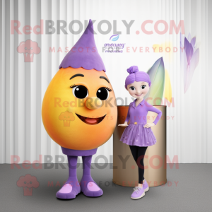 Lavender Mango mascot costume character dressed with a Pencil Skirt and Watches