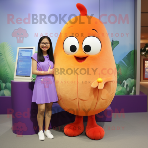 Lavender Mango mascot costume character dressed with a Pencil Skirt and Watches