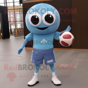 Cyan Volleyball Ball mascot costume character dressed with a Denim Shorts and Pocket squares