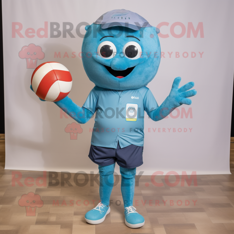 Cyan Volleyball Ball mascot costume character dressed with a Denim Shorts and Pocket squares