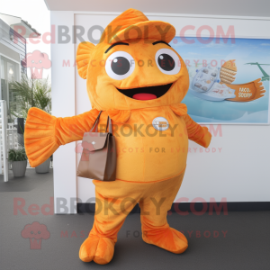 Orange Fish And Chips mascot costume character dressed with a Romper and Messenger bags