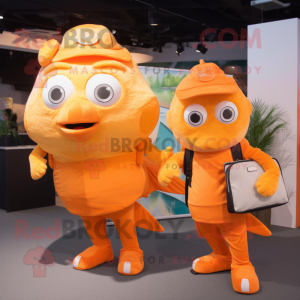 Orange Fish And Chips mascot costume character dressed with a Romper and Messenger bags