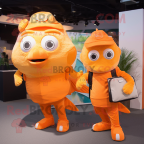 Orange Fish And Chips mascot costume character dressed with a Romper and Messenger bags