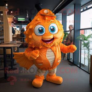 Orange Fish And Chips mascot costume character dressed with a Romper and Messenger bags
