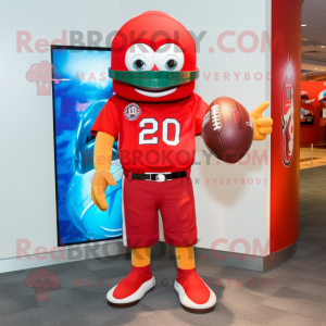 Red American Football Helmet mascot costume character dressed with a Bermuda Shorts and Earrings