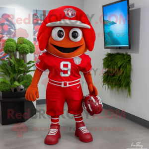 Red American Football Helmet mascot costume character dressed with a Bermuda Shorts and Earrings